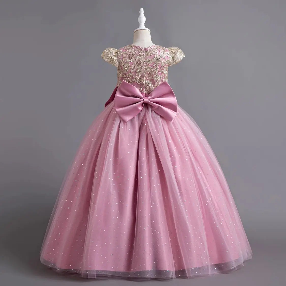 Girls' Embroidery Bow Lace Design Long Party Dresses