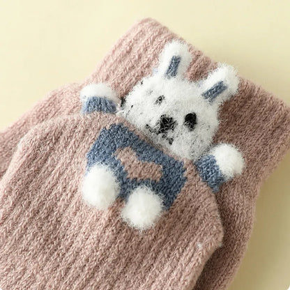 Cartoon Bunny Warm Half Finger Flip Gloves for Kids childrensterritory