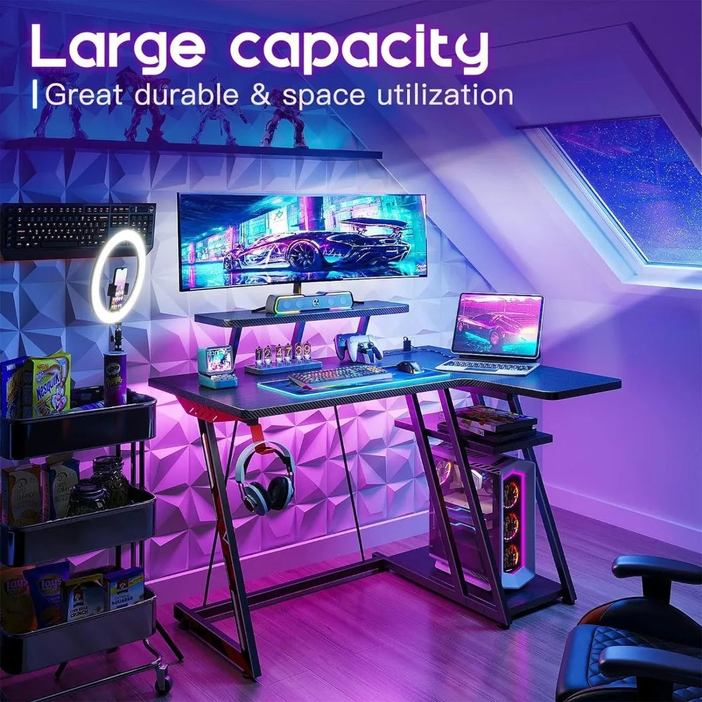 L-shaped Gaming Table with LED Lights and Storage Shelf childrensterritory