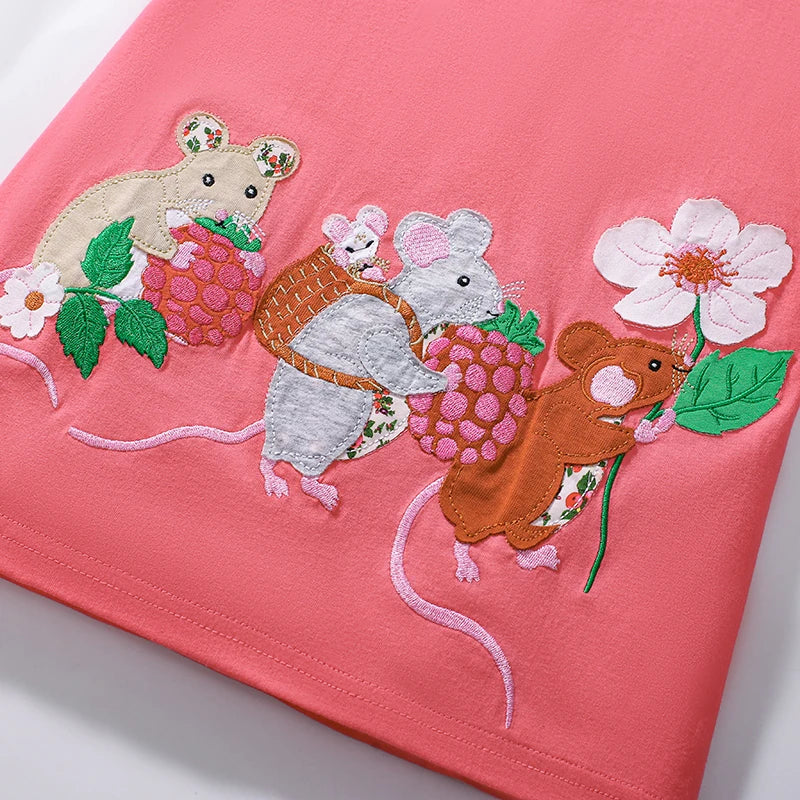 Cartoon Mouse and Floral Embroidered Summer Dress for Girls childrensterritory