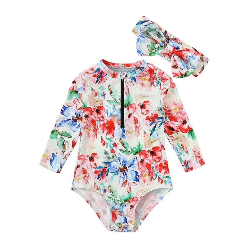 Floral Round Neck Little Girl Zipper Swimsuit