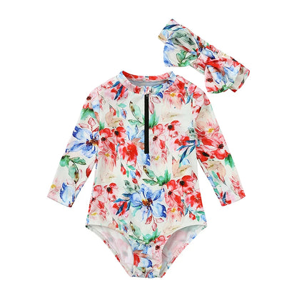 Floral Round Neck Little Girl Zipper Swimsuit