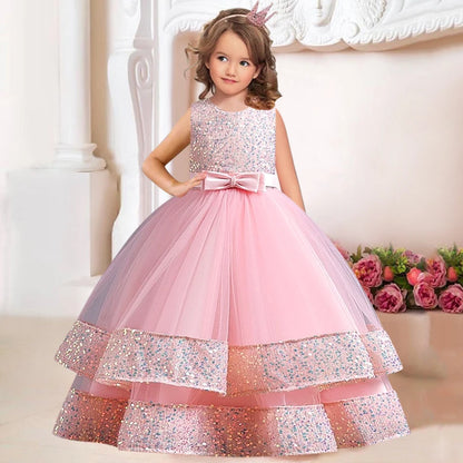 Sequins Bowknot Design Long Princess Dresses for Girls childrensterritory