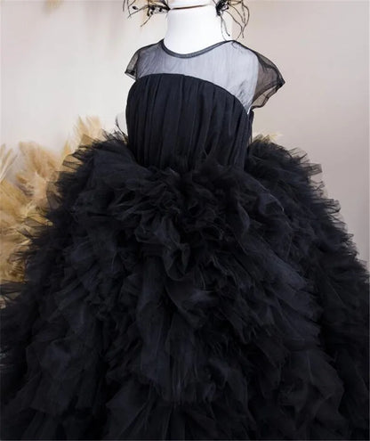 Black Tulle Fluffy Tiered Wedding and Birthday Party Dress for Girls childrensterritory