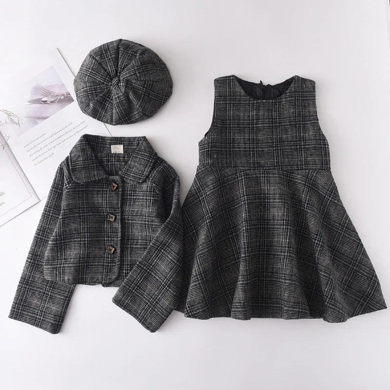 Kids Girls Retro Style Plaid Winter Party Dresses 2pcs Set