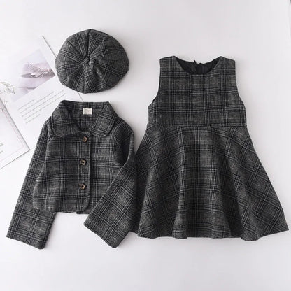 Kids Girls Retro Style Plaid Winter Party Dresses 2pcs Set