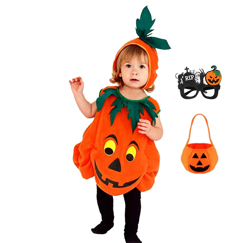 Kids Girls Fancy Cosplay Dresses for Halloween with Pumpkin Bag