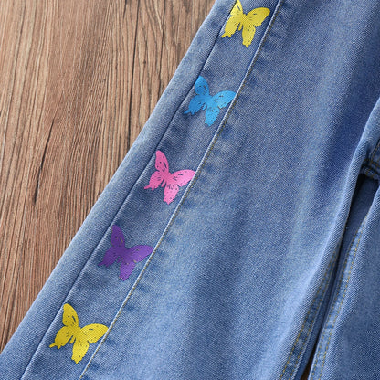 Kids Girls Butterfly Print Autumn Jeans childrensterritory