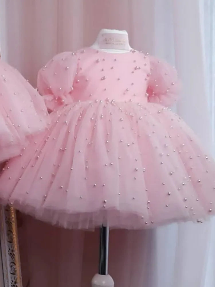 Pearl Decorated Puffy Pink Princess Dress for Girl&