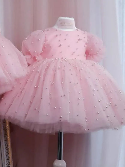 Pearl Decorated Puffy Pink Princess Dress for Girl&