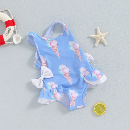 Baby Girl Ice Cream Print Sleeveless Swimsuit