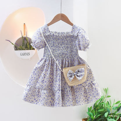 Kids Girls Floral Summer Princess Dress with Sling Bag childrensterritory