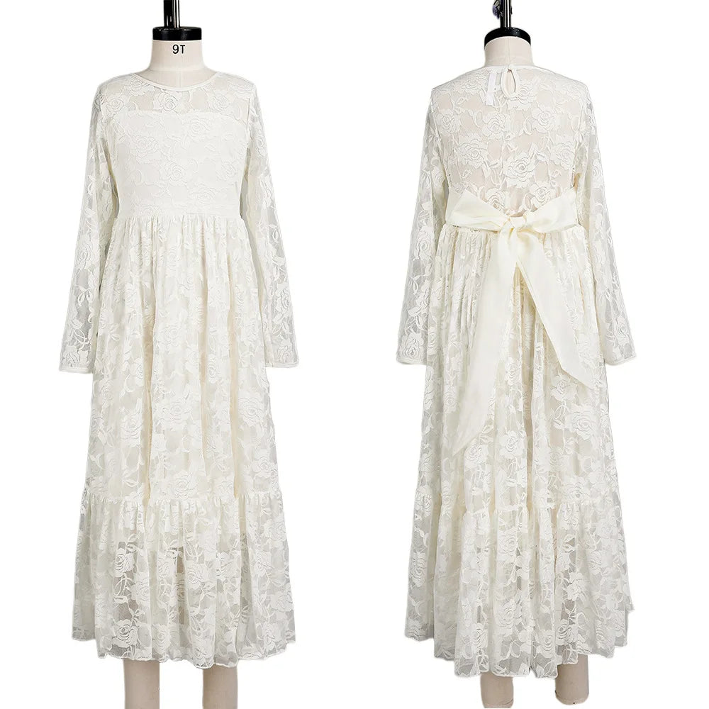Kids Girl White Beige Long Sleeve Bridesmaid Dresses for Summer