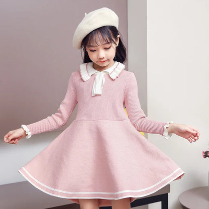 Kids Girls Pleated Knitted Warm Sweater Dresses childrensterritory