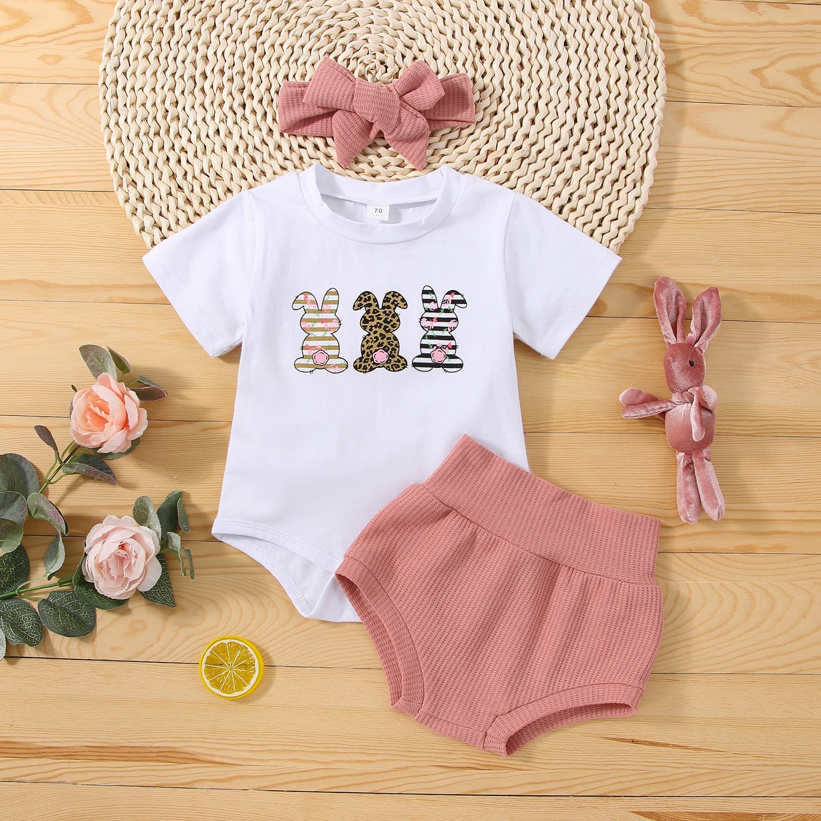 Baby Girls 3 Piece Rabbit Print Easter Clothes Set childrensterritory