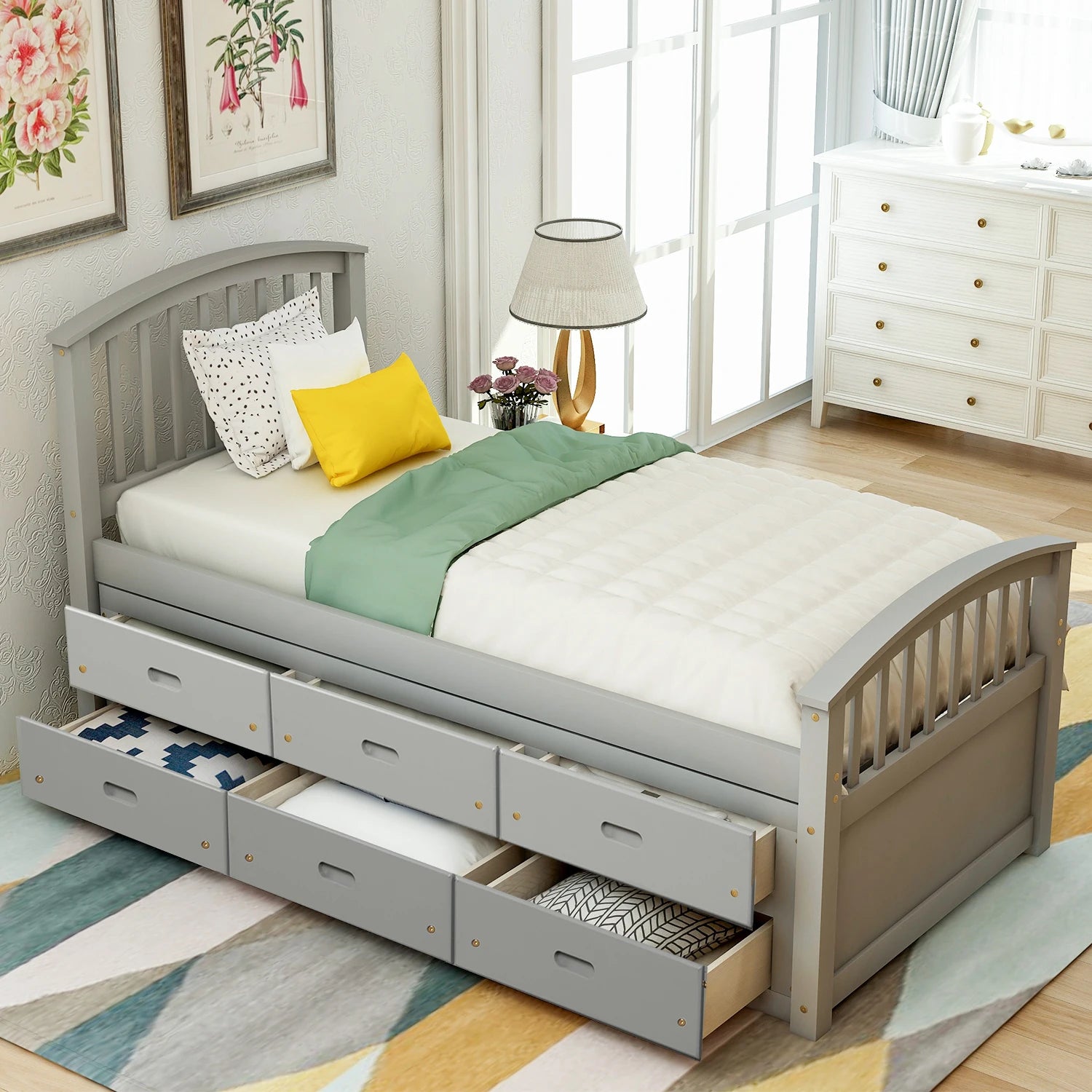 A Twin-Sized Wooden Platform Bed with Six Drawers for Storage childrensterritory