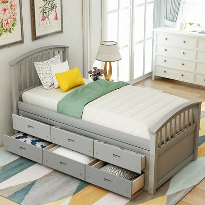A Twin-Sized Wooden Platform Bed with Six Drawers for Storage childrensterritory