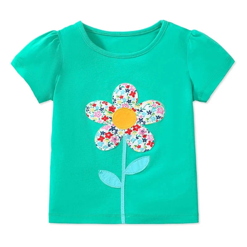 Kids Girls Cartoon Flowers Design Cotton Tops for Summer childrensterritory