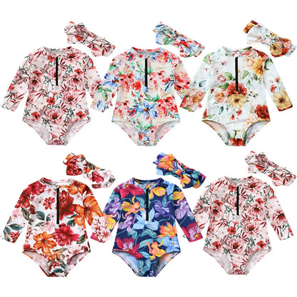 Floral Round Neck Little Girl Zipper Swimsuit