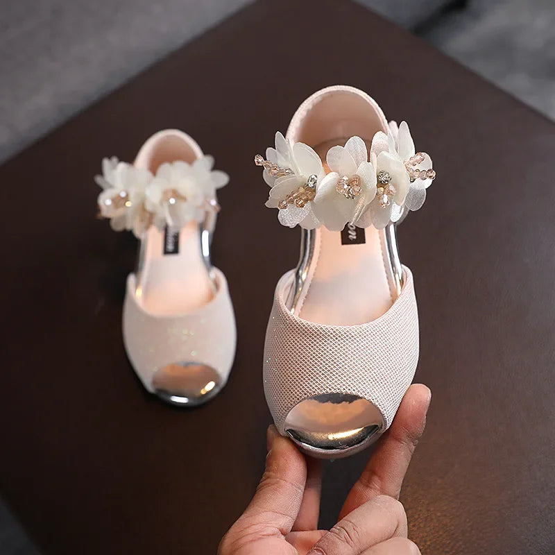 Girls Low Heel Rhinestone Flower Wedding Party Princess Shoes childrensterritory