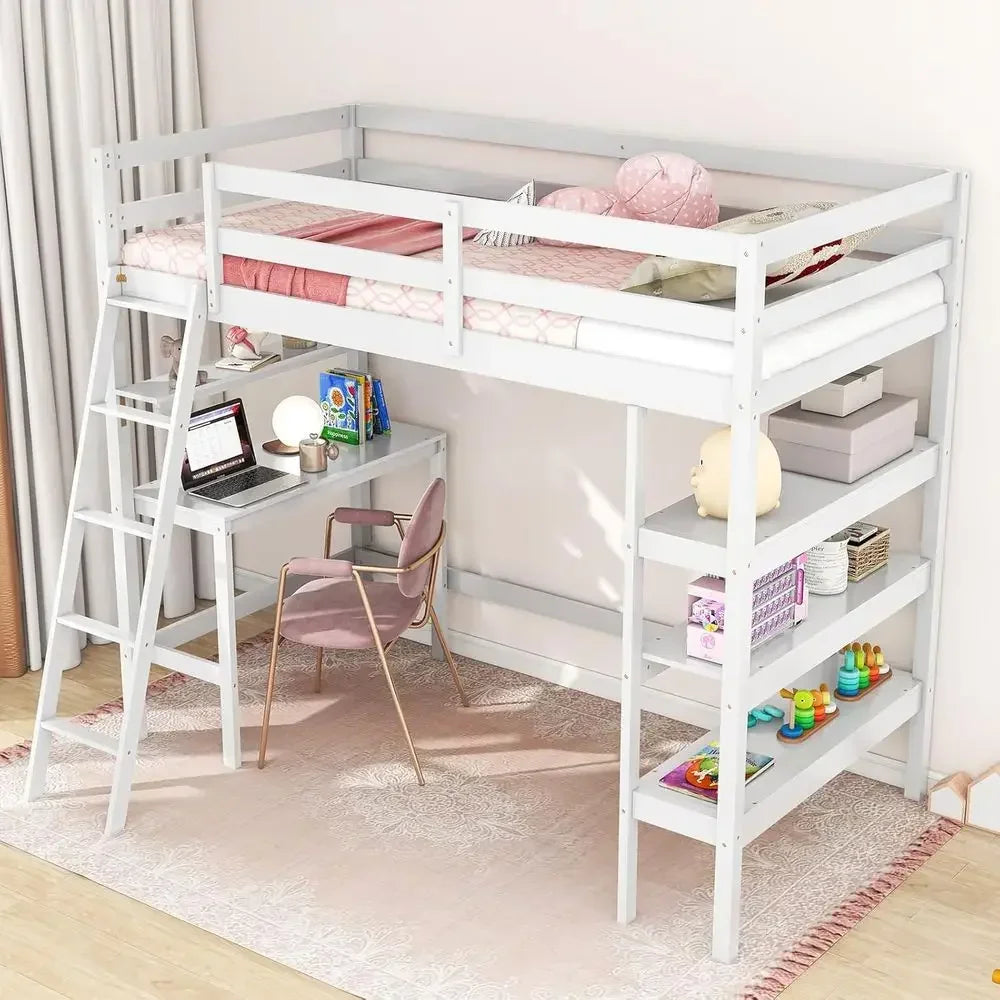 Stylish Kids Twin Loft Bed with Shelves, Desk, and Ladder