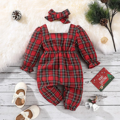 Baby Girls Long Sleeves Plaid Jumpsuit for New Year