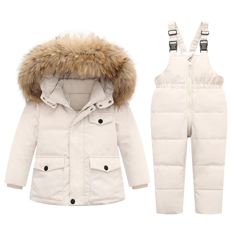 Kids Real Fur Hooded Down Parka/Snowsuit Set