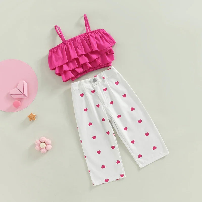 Kids Girls Sleeveless Ruffle Top Heart Print Short Outfit Set