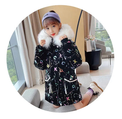 Kids/Teen Girls Printed Thick Warm Fur Hooded Parkas childrensterritory