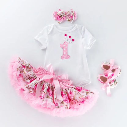 Baby Girls 4Pcs Birthday Outfit Sets/Ruffle Skirts+Romper