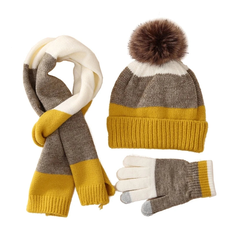Little Boys and Girls Knitted Warm Plush Hat Scarf Gloves Set