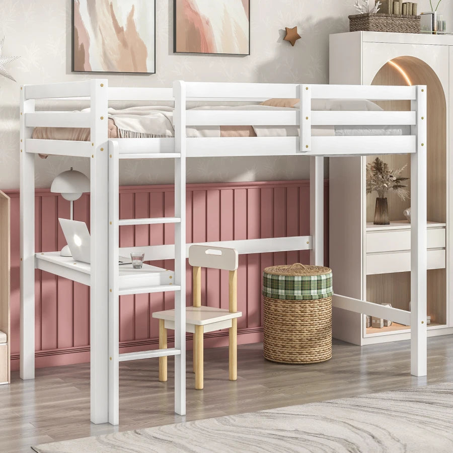 Simple Design Twin Loft Bed with Built-in Desk and Stairs childrensterritory