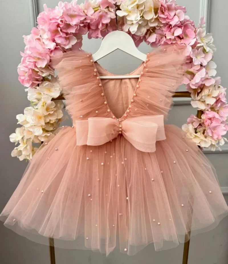 Pearls Design Cute Tulle Gown with Big Bow for Infant Girls