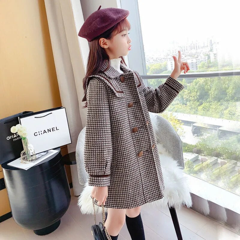 Kids/Teen Girls Warm Wool &amp; Blends Long Plaid Trench Coats childrensterritory