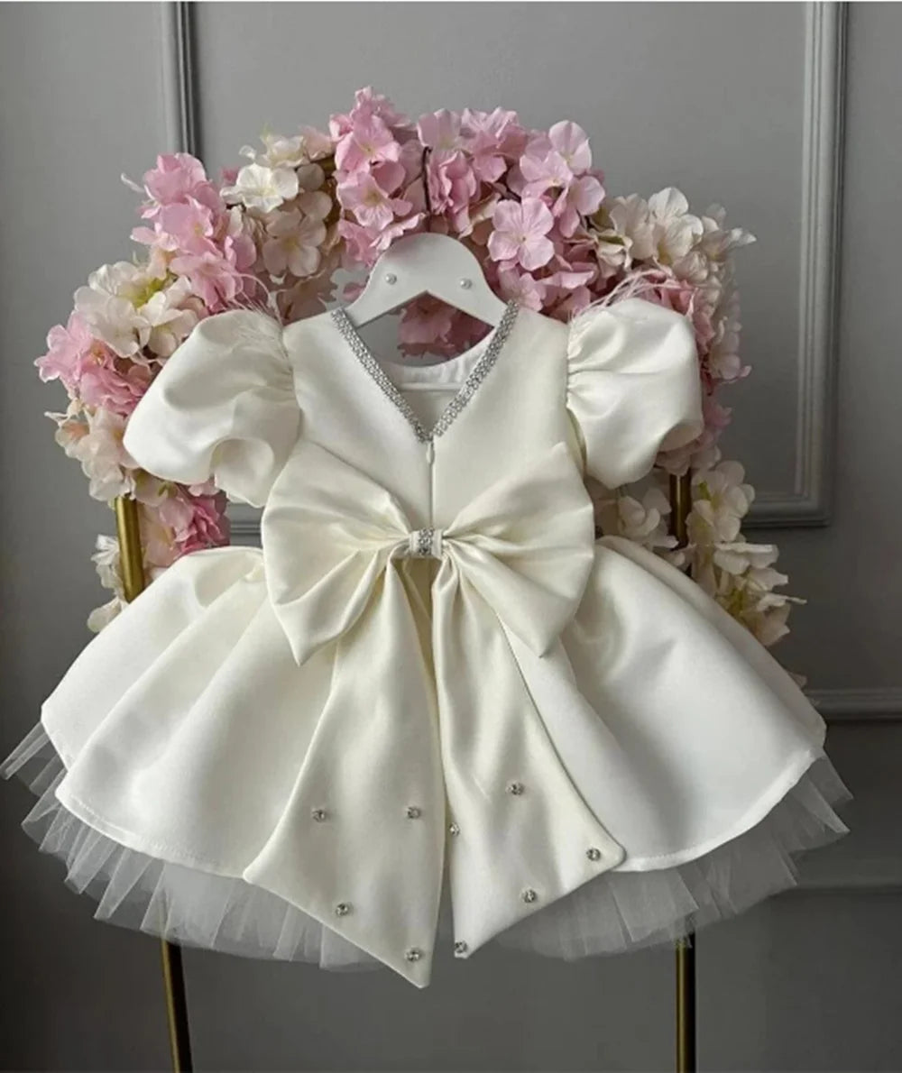 Baby/Kids Girls White Satin Party Dress with Big Bow Design