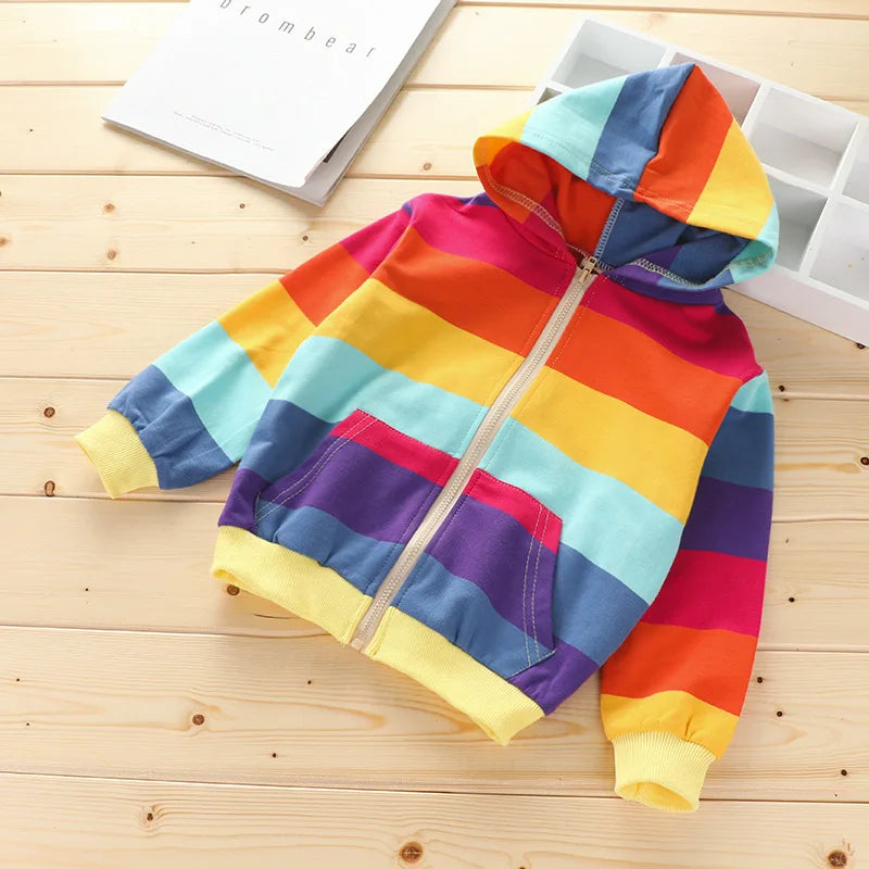 Kids Girls Rainbow Stripe Print Hooded Winter Jacket