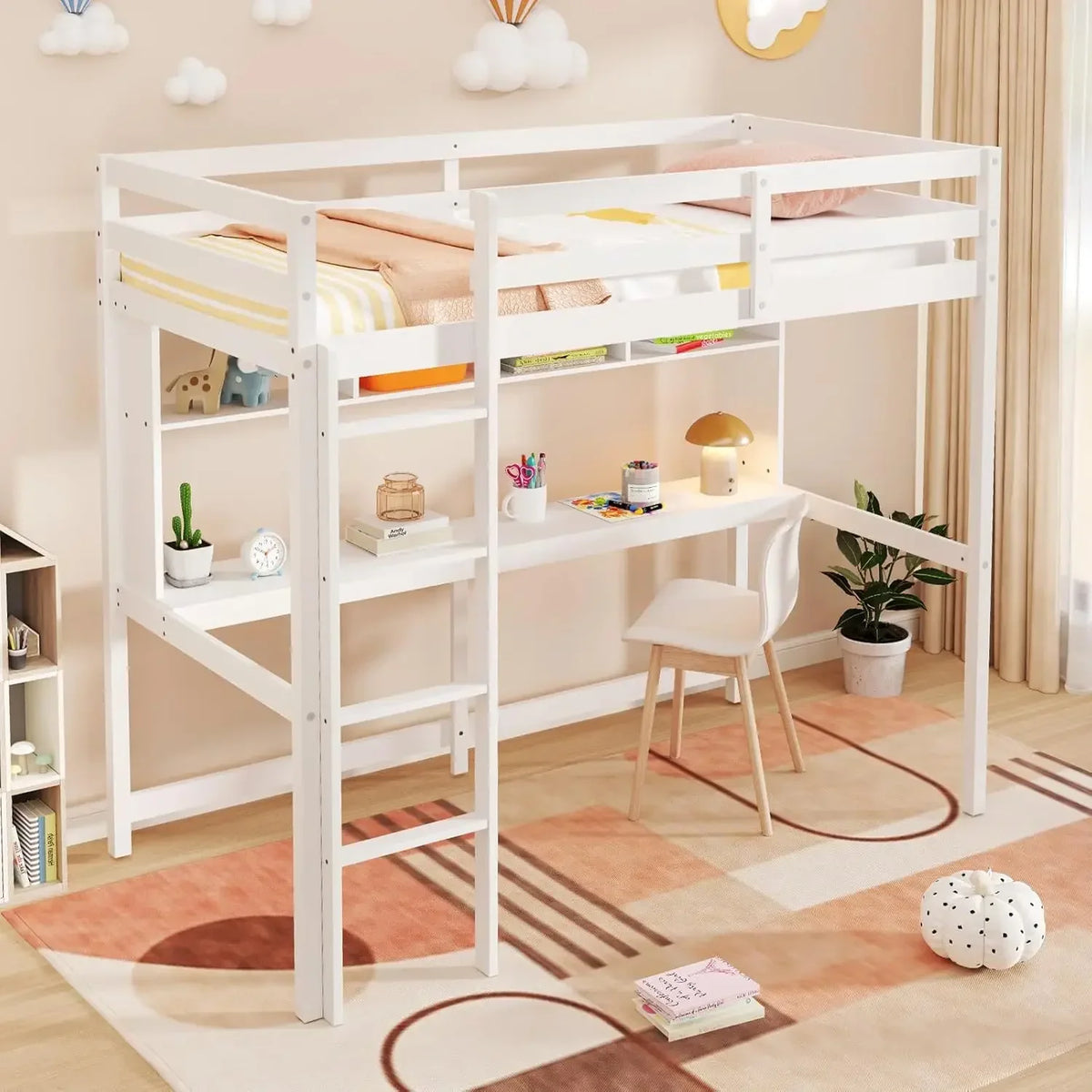 Simple Design Twin Loft Bed with Built-in Desk and Stairs
