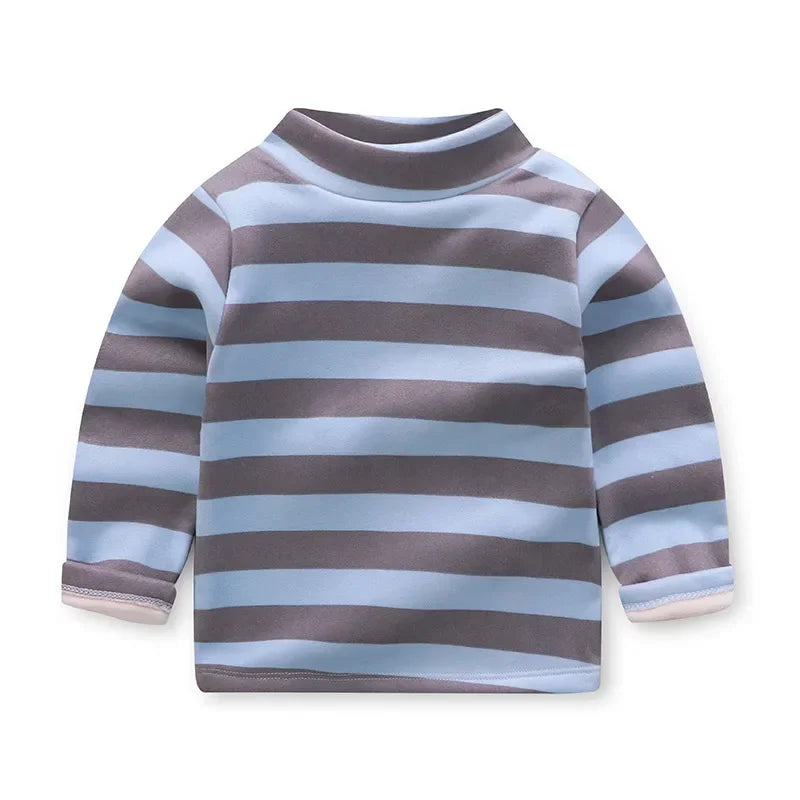 Kids Korean Style Turtleneck Striped Design Velvet Winter T-shirts childrensterritory