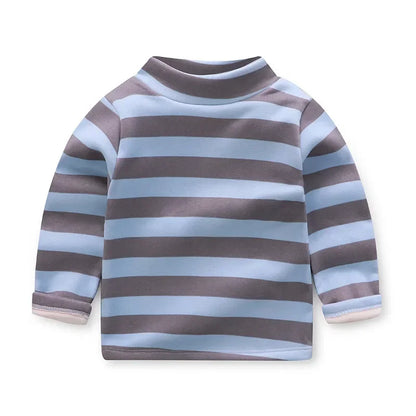 Kids Korean Style Turtleneck Striped Design Velvet Winter T-shirts childrensterritory