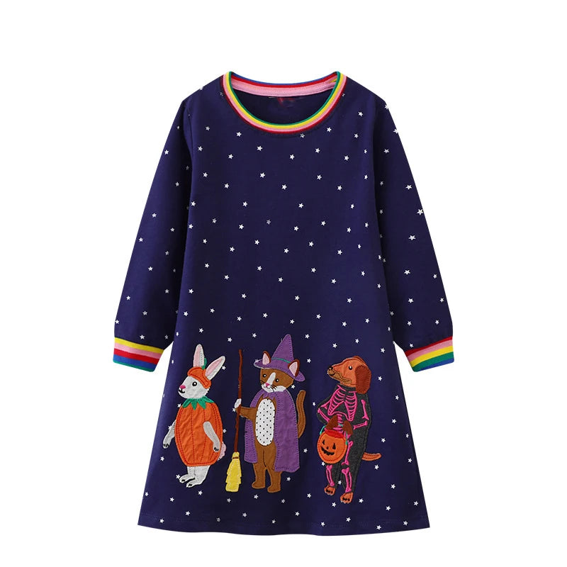 Animals Cartoon Embroidered Design Casual Dresses for Girls childrensterritory