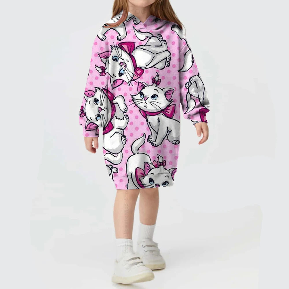 Kids Girls Cute Cat Print Casual Hoodie Dresses