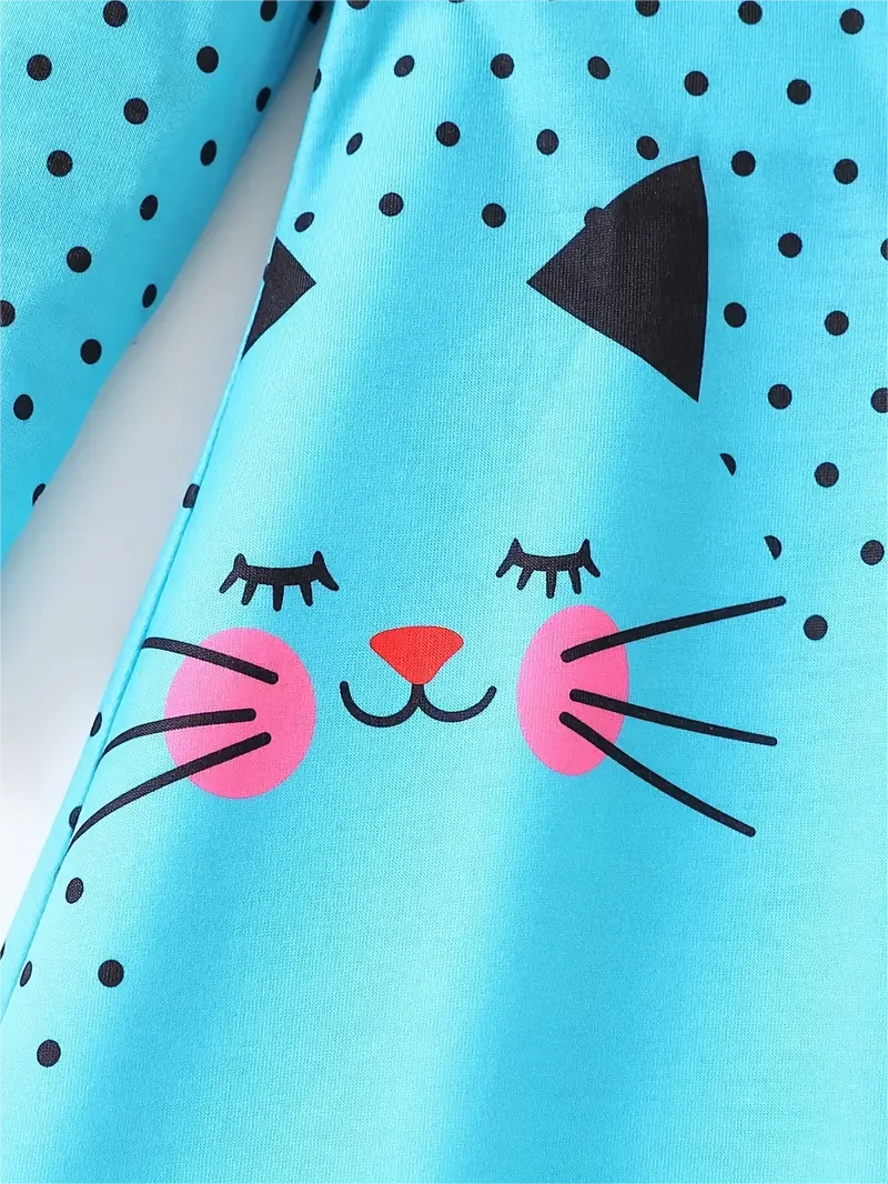 Kids Girls Dots &amp; Kitty Print Long Sleeve Casual Dress childrensterritory