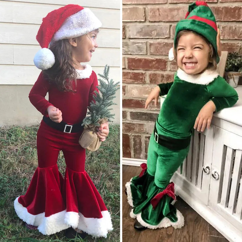 Kids Elegant Velvet Suit with Bell Bottom Pants for Christmas