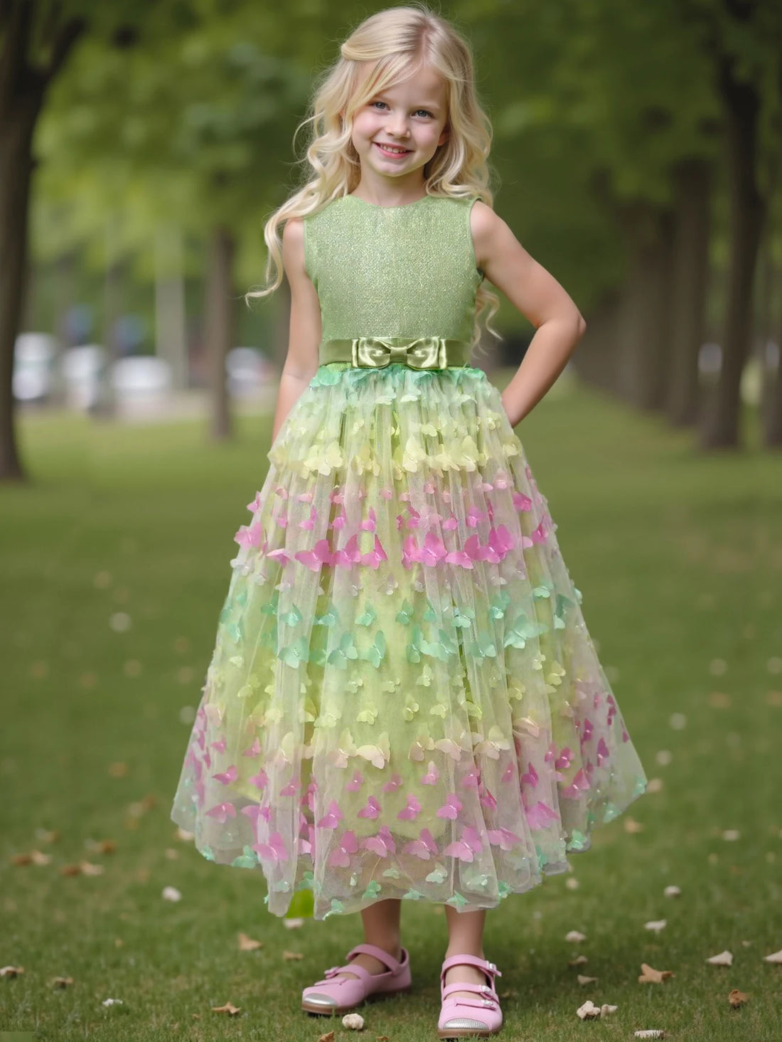 3D Butterfly Design Kids Girls Mesh Bow Long Princess Dress childrensterritory