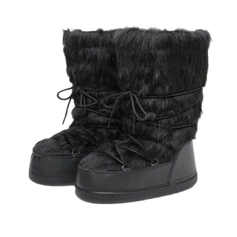 Fluffy Faux Fur Middle Calf Platform Snow Boots for Women