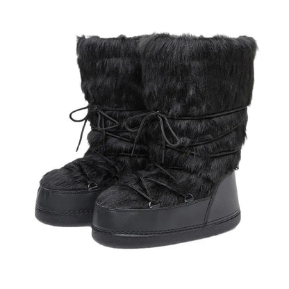 Fluffy Faux Fur Middle Calf Platform Snow Boots for Women
