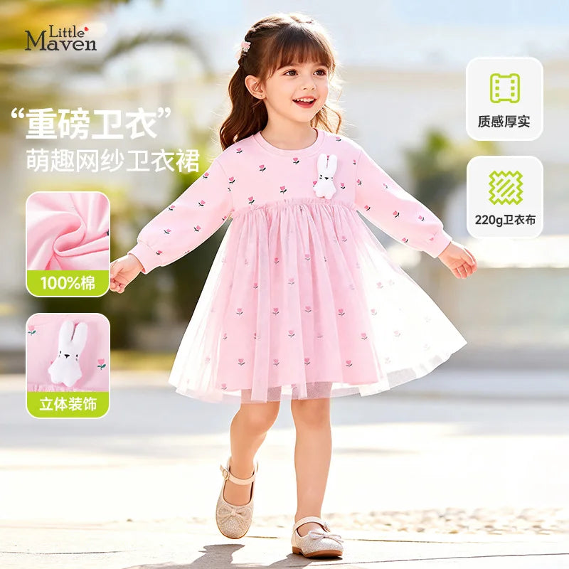 Long Sleeves Flower Design Girls Mesh Dress