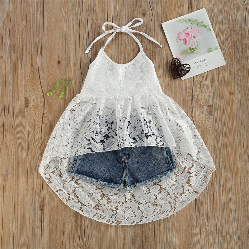 Kids Girls Sleeveless Halter Top + Denim Shorts Set childrensterritory