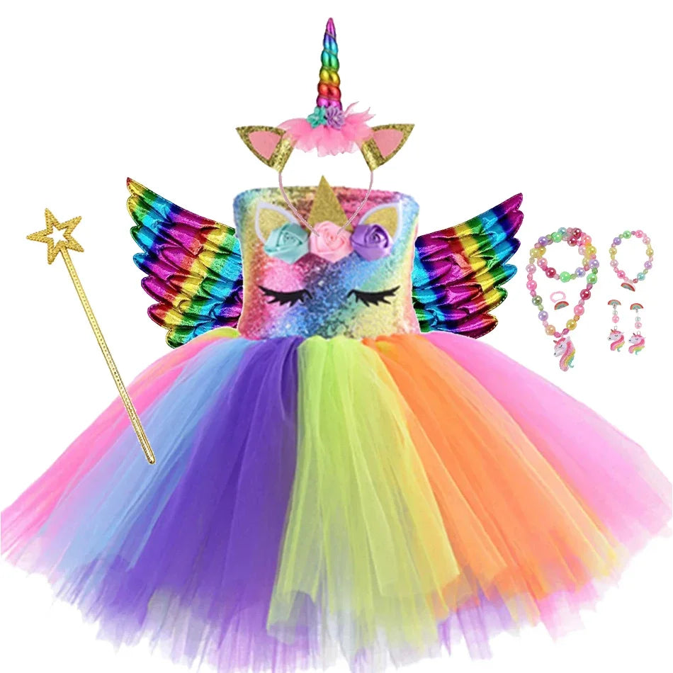 Kids Girls Unicorn Design LED Lights Sequin Tutu Dress for Halloween