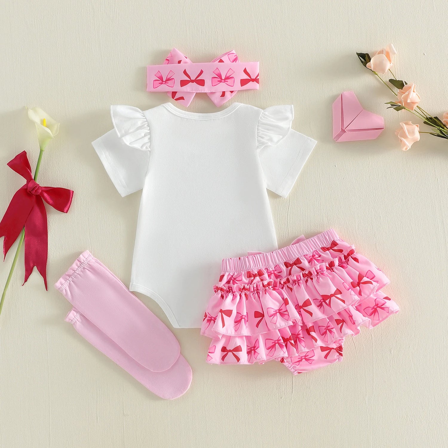 Infant Baby Girls Letter Print Rompers Bow Shorts Set